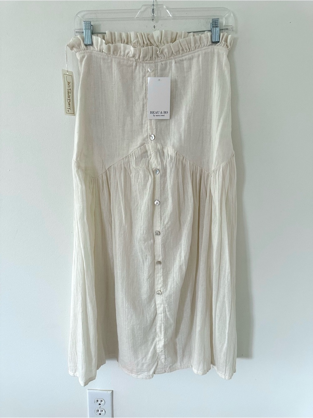 Beau & Ro cream linen-blend button-down maxi skirt Smocked Waist Midi Skirt
